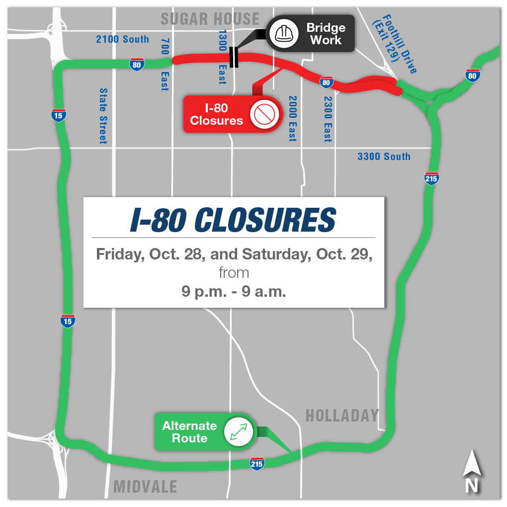 A map showing the Friday, October 28, and Saturday, October 29, closures of Interstate 80 between 700 East and Foothill Drive in Salt Lake City from 9 p.m. to 9 a.m. each night. Drivers can use Interstate 15 and Interstate 215 as an alternate route.