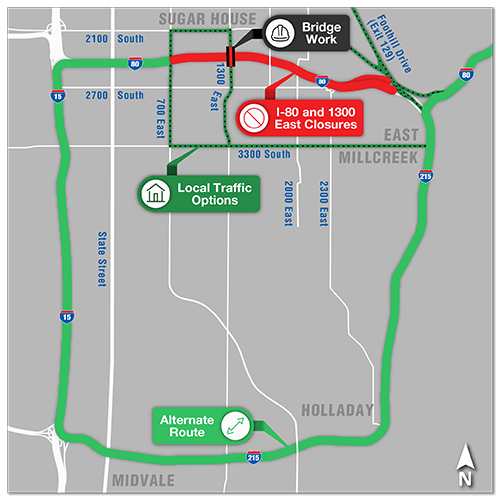 A map showing the March 30 through April 7 closure of 1300 East between Stringham Avenue and Parkway Avenue and the March 31 through April 3 closure of Interstate 80 between 700
East and Foothill Drive in Salt Lake City. To avoid the closures, drivers will be detoured to 700 East, Interstate 15 and Interstate 215.