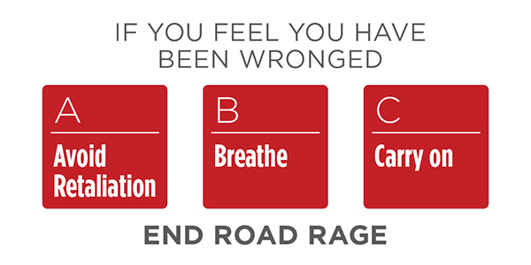 End Road Rage with ABC. A = avoid retaliation, B = breathe, and C = Carry on